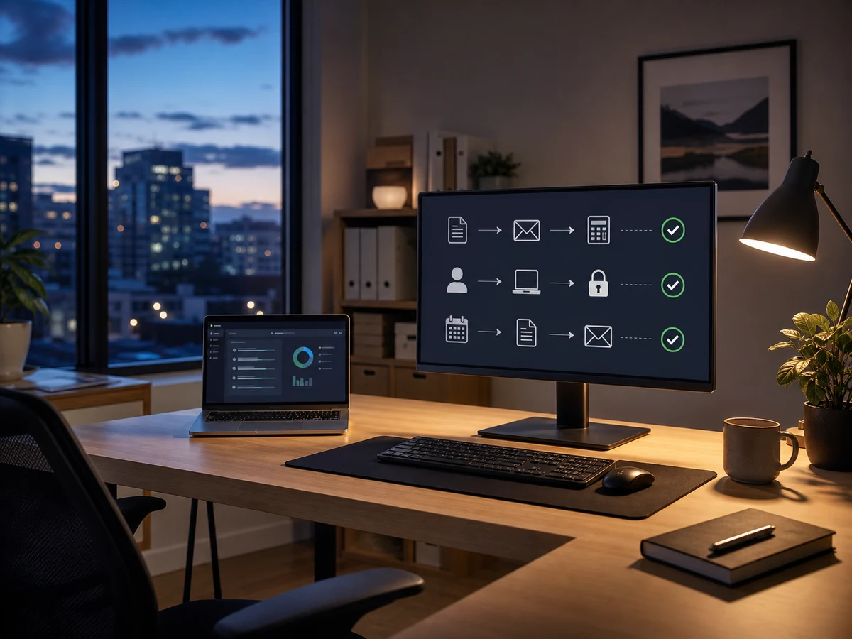 An unattended office at dawn with invoice, employee onboarding, and report workflows completed automatically.