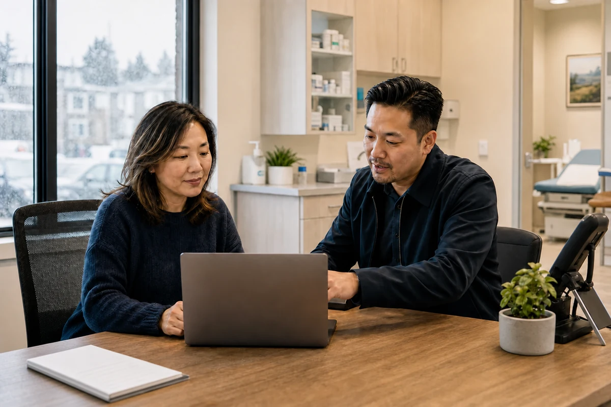 A clinic manager and IT consultant reviewing a managed laptop in a small outpatient clinic.