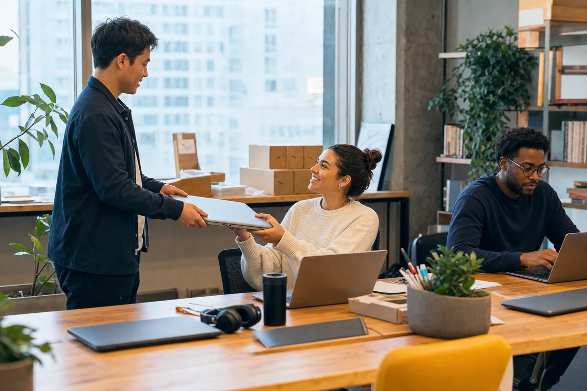 A scaling startup teammate receiving a prepared laptop while the rest of the team keeps working.
